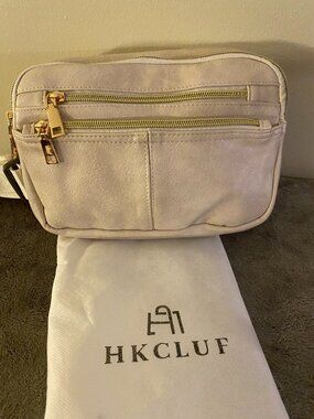 HKCLUF Cream Vegan Leather Crossbody Belt Bag – Multi-Zip, Gold Hardware